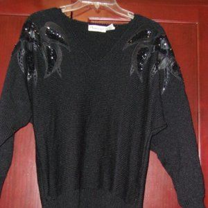 Vintage Plymouth Black Sweater-Sequin, Beads & Leather-Size L